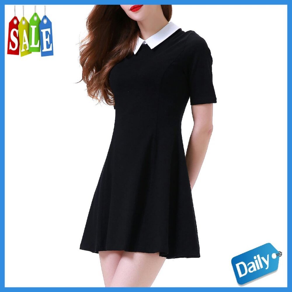 Short Sleeve Peter Pan Collar Skater Dress Fit Flare A-Line Casual